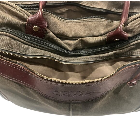 Vintage Orvis Canvas & Leather Duffle Travel Messenger Bag Green Brown 16” - Picture 14 of 16